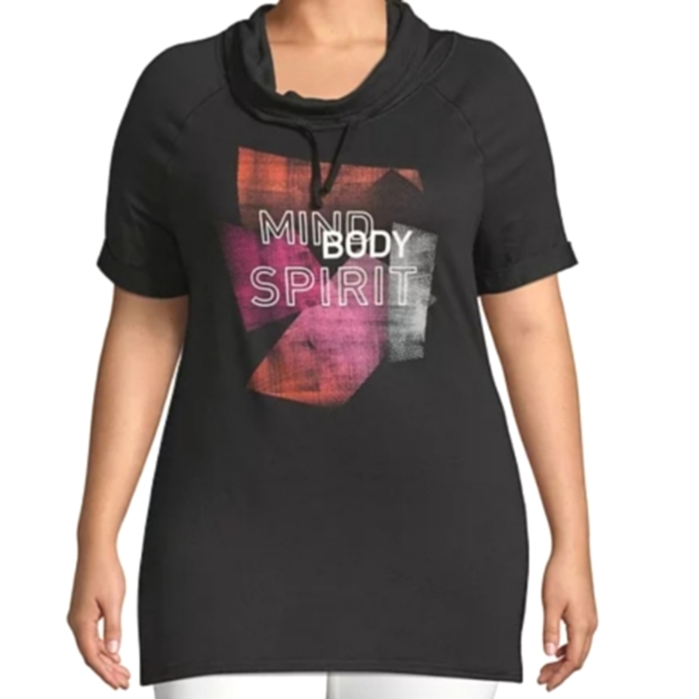 Just My Size Activewear Top Black Cowlneck Mind Body Spirit Size 4X 26W 28W NWT